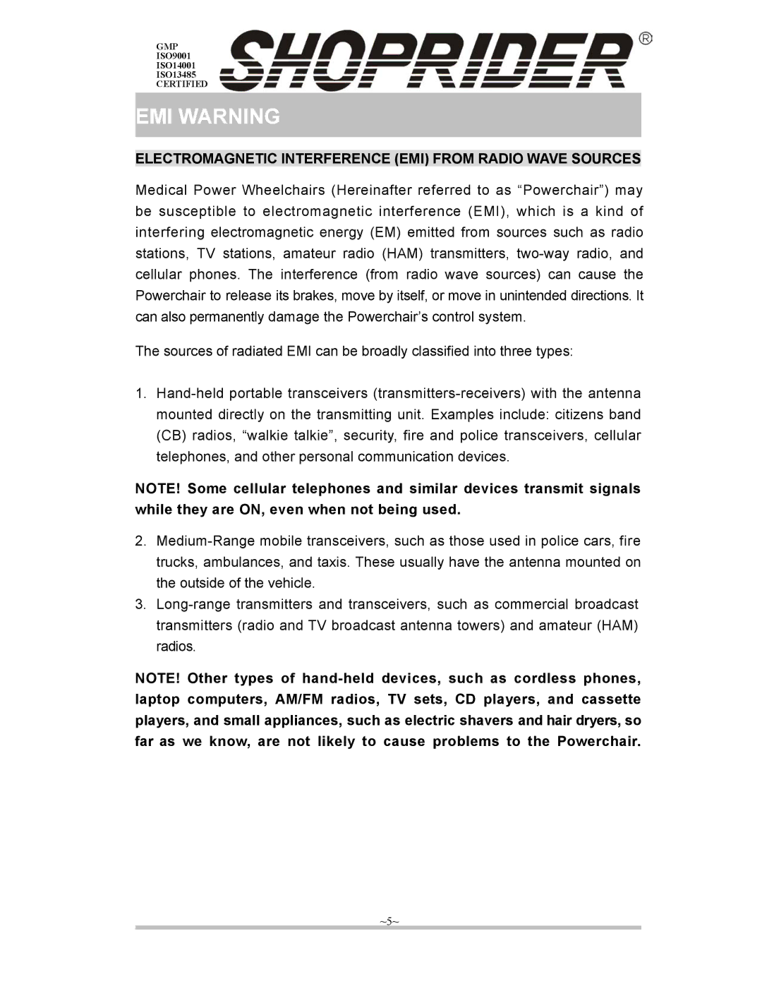 Shoprider ISO13485, ISO9001, ISO14001 manual EMI Warning, Electromagnetic Interference EMI from Radio Wave Sources 