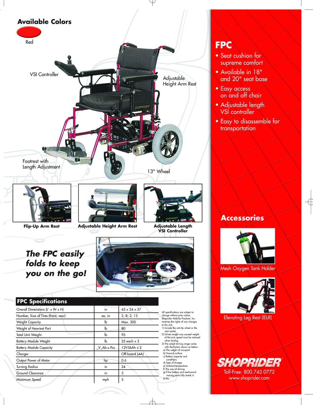 Shoprider none manual Fpc, FPC easily folds to keep you on the go, Accessories, FPC Specifications 