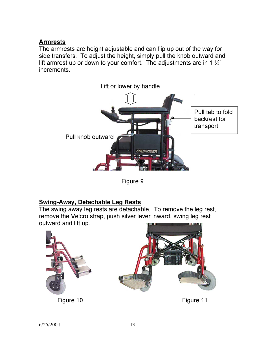 Shoprider PHFW-1018, PHFW-1120, PHFW-1118, PHFW-1020 manual Armrests, Swing-Away, Detachable Leg Rests 