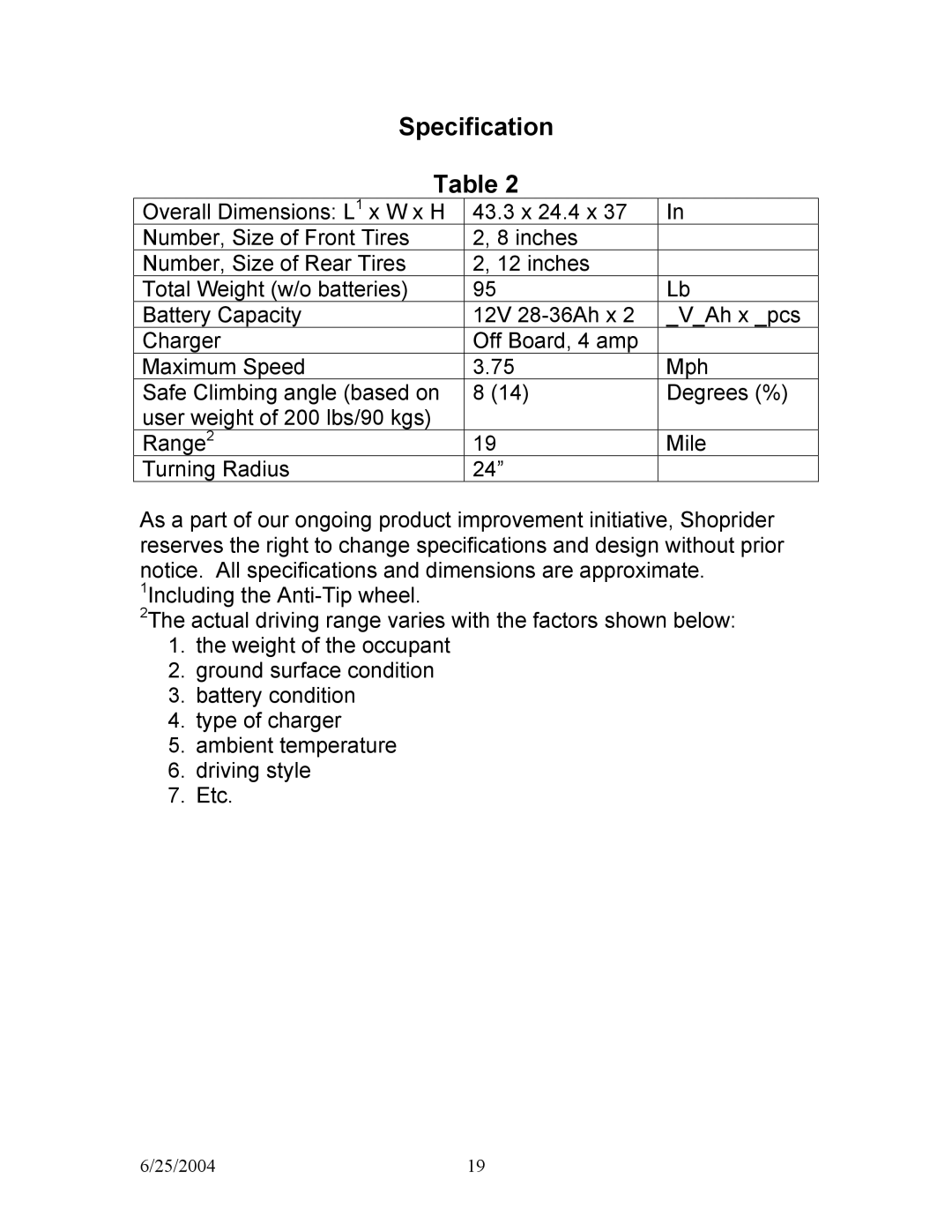 Shoprider PHFW-1020, PHFW-1120, PHFW-1018, PHFW-1118 manual Specification 