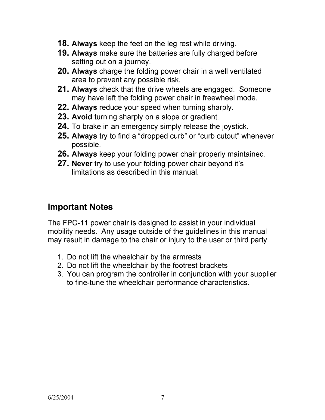 Shoprider PHFW-1020, PHFW-1120, PHFW-1018, PHFW-1118 manual Important Notes 