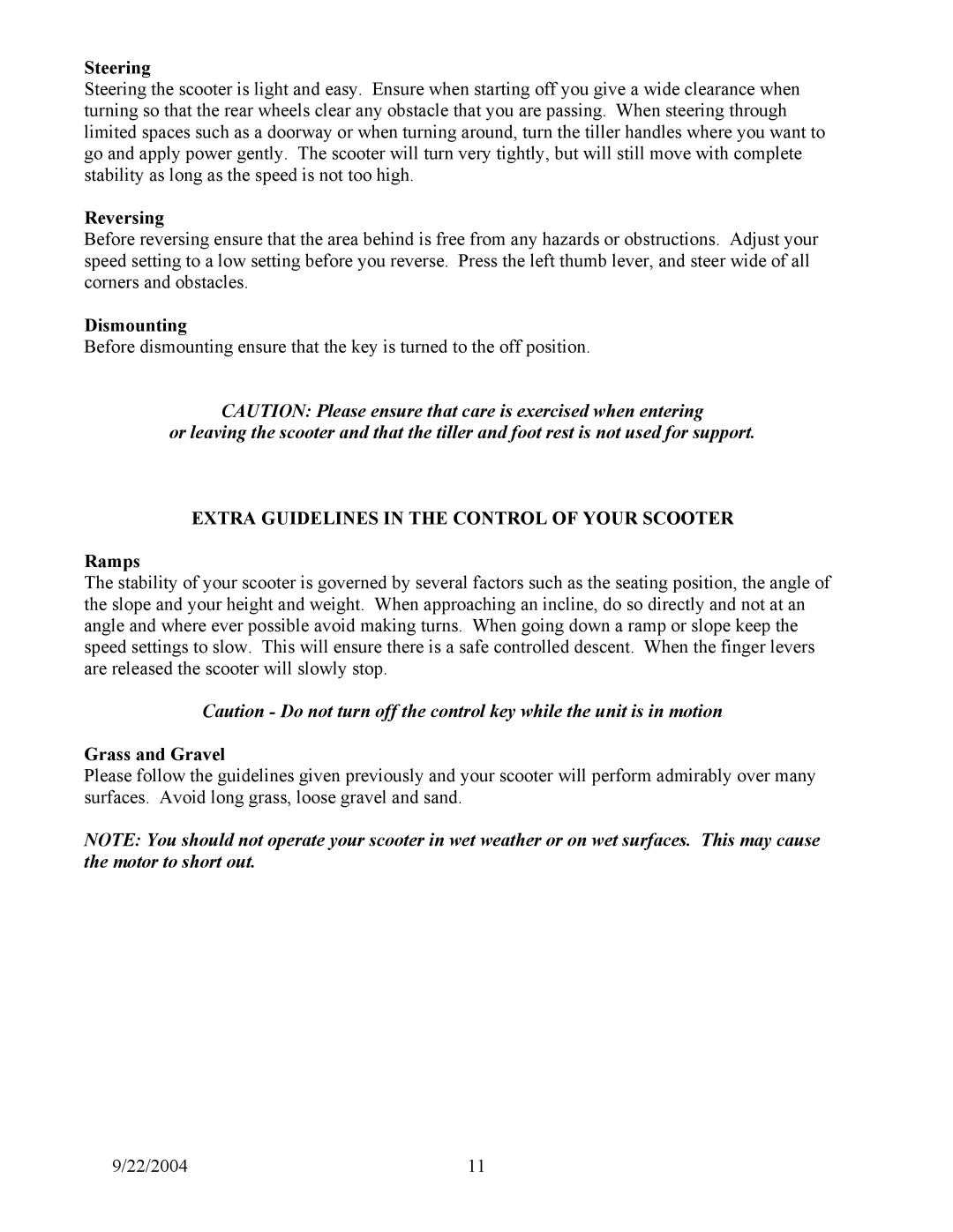 Shoprider XtraLite 3, Scootie, Sunrunner S, XtraLite 4 manual Steering, Reversing, Dismounting, Ramps, Grass and Gravel 