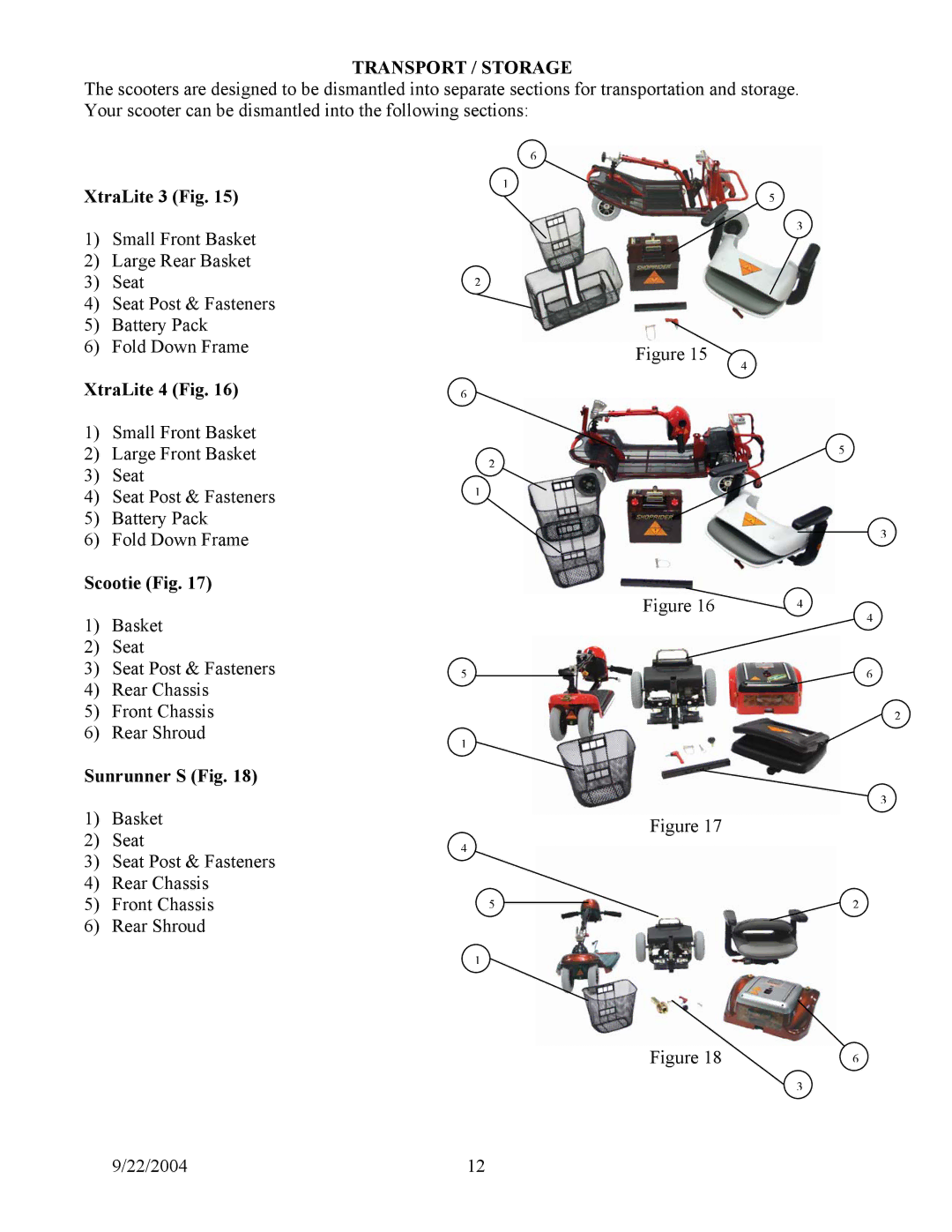 Shoprider manual Transport / Storage, XtraLite 3 Fig, XtraLite 4 Fig, Scootie Fig, Sunrunner S Fig 