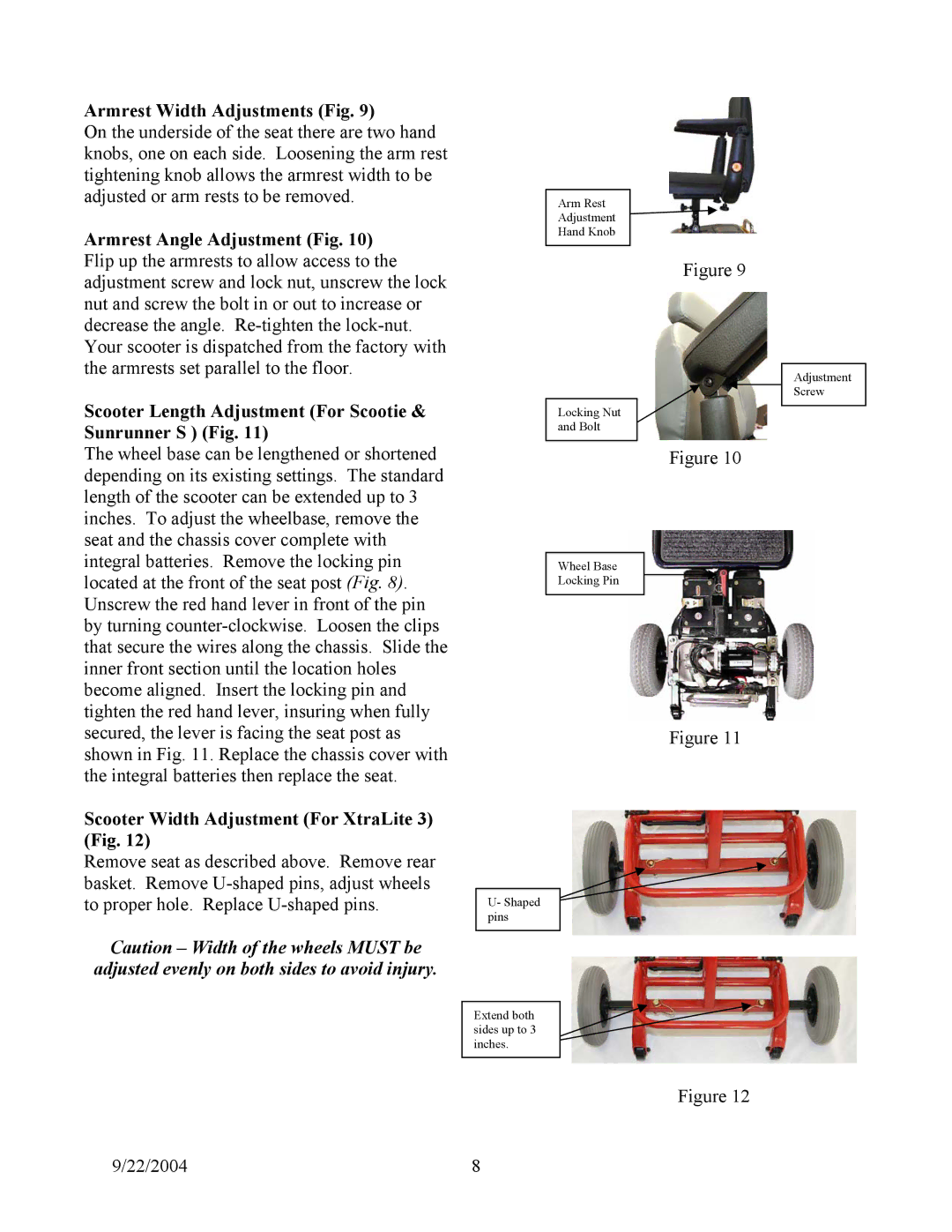 Shoprider Scootie, Sunrunner S, XtraLite 4 manual Armrest Width Adjustments Fig, Scooter Width Adjustment For XtraLite 3 Fig 