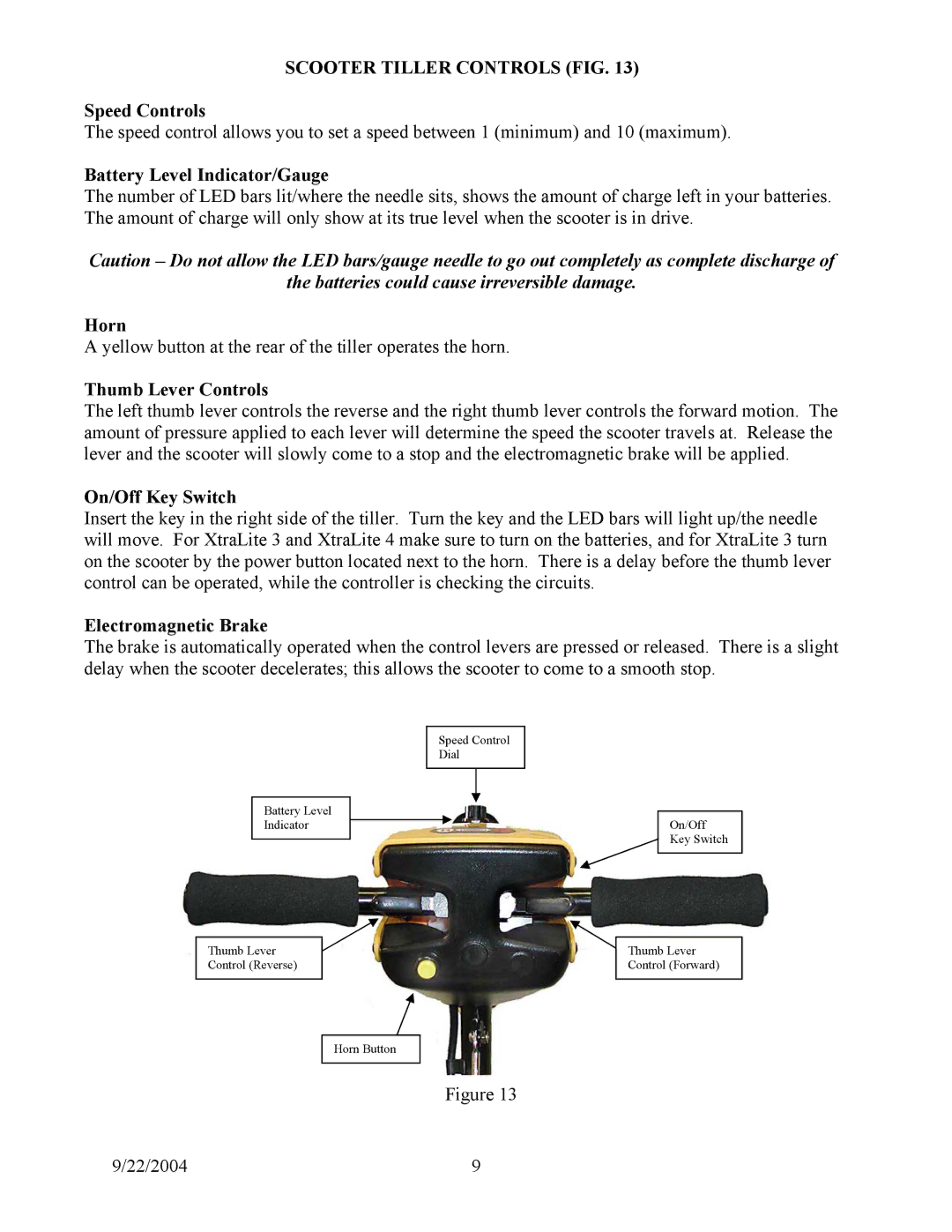 Shoprider Sunrunner S, Scootie, XtraLite 4 manual Scooter Tiller Controls FIG, Batteries could cause irreversible damage 