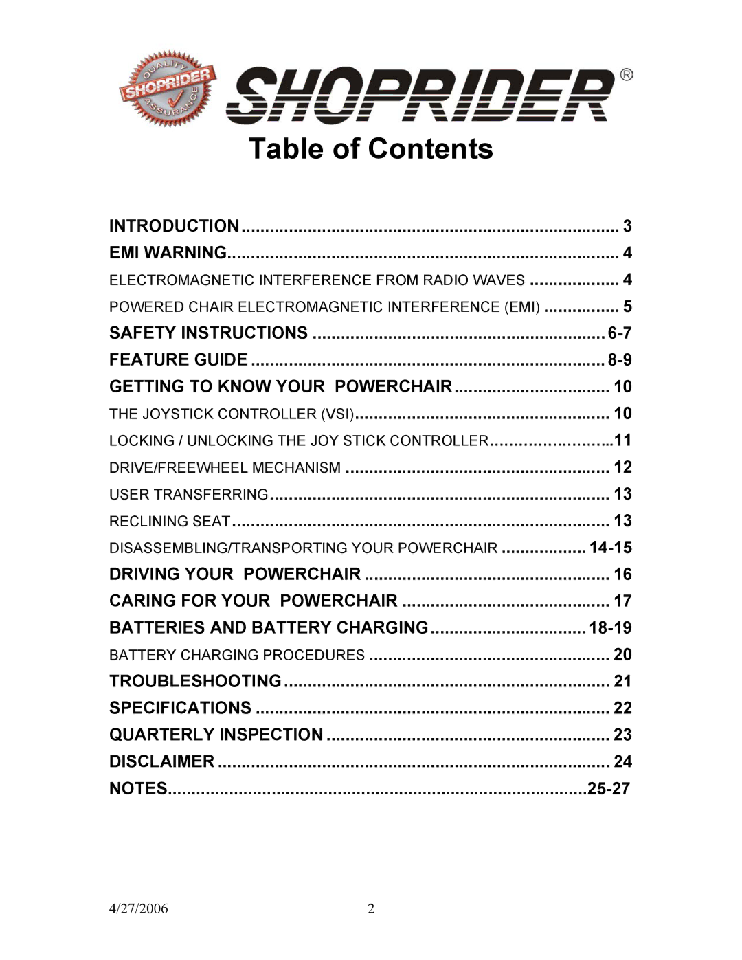 Shoprider JIFFY11 UL7WR11, SMARTIE UL8W, JIFFY UL7WR manual Table of Contents 