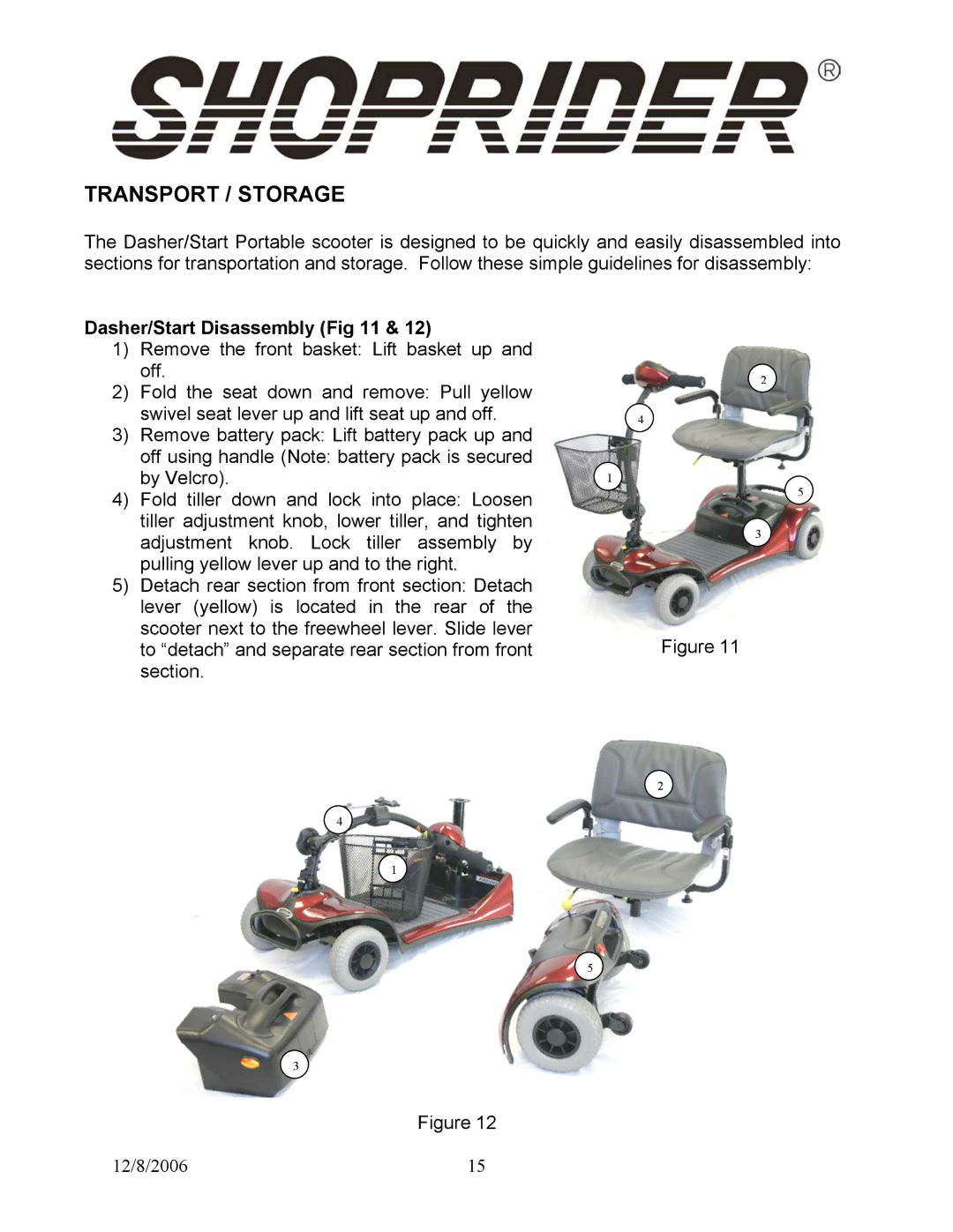 Shoprider Start 3, Dasher 3, Dasher 4 manual Transport / Storage, Dasher/Start Disassembly 