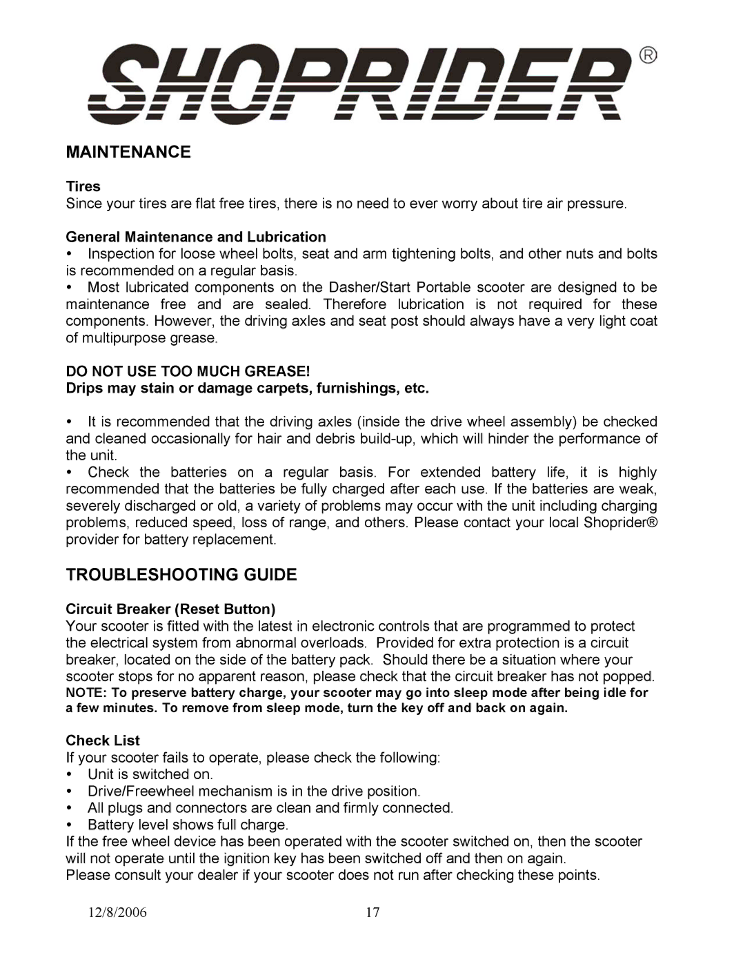 Shoprider Dasher 4, Start 3, Dasher 3 manual Maintenance, Troubleshooting Guide 