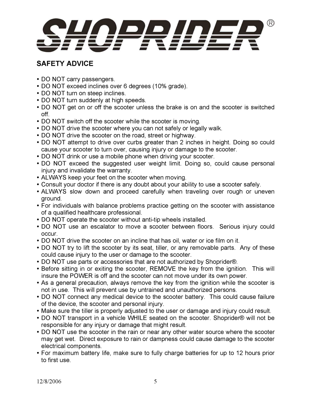 Shoprider Dasher 4, Start 3, Dasher 3 manual Safety Advice 