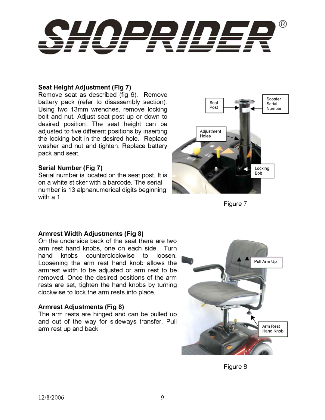 Shoprider Start 3 Seat Height Adjustment Fig, Serial Number Fig, Armrest Width Adjustments Fig, Armrest Adjustments Fig 