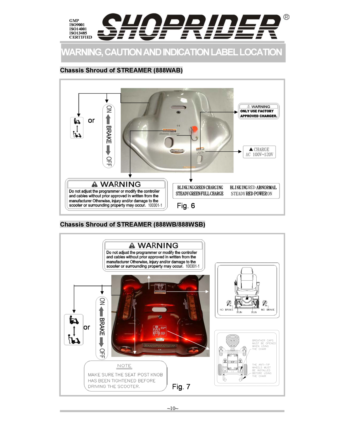 Shoprider Jetstream-M 888WAM manual Warning,Cautionandindicationlabellocation, Chassis Shroud of STREAMER 888WAB, ~10~ 
