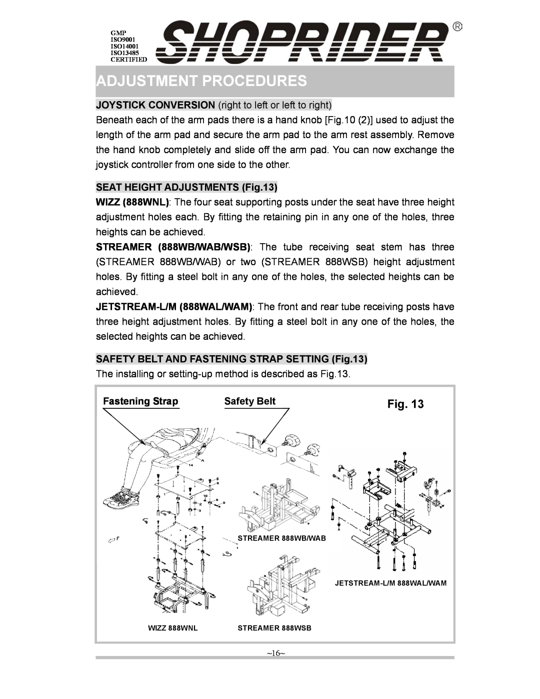 Shoprider Jetstream-M 888WAM manual Adjustment Procedures, Seat Height Adjustments, Safety Belt And Fastening Strap Setting 