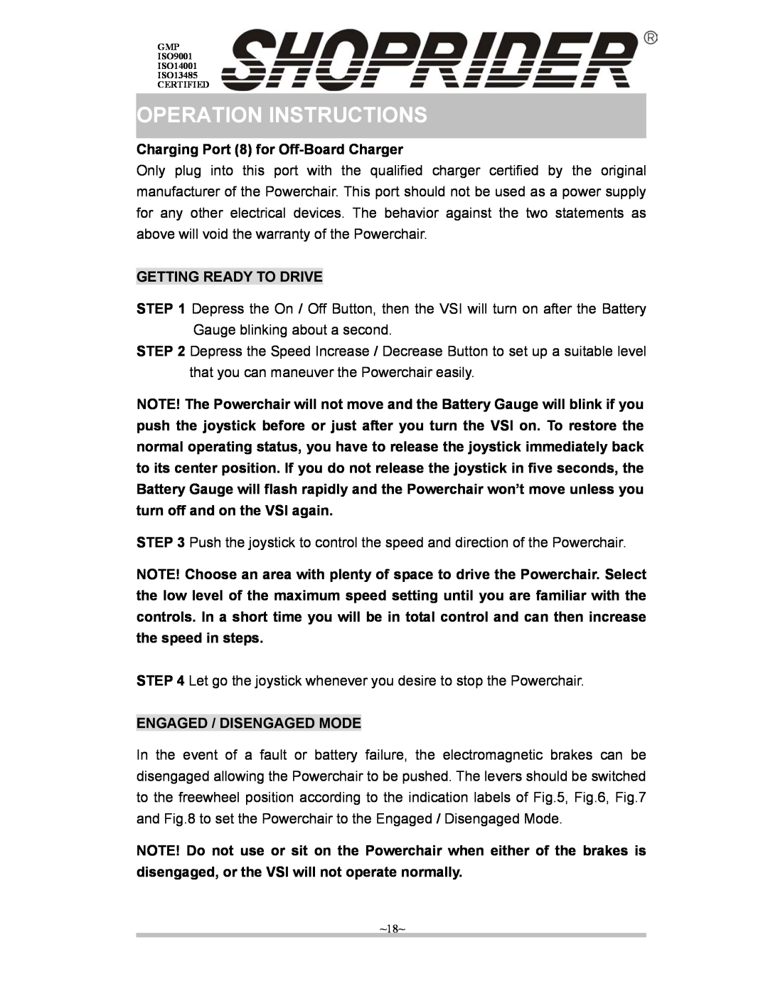 Shoprider Steamer 888WSB manual Operation Instructions, Charging Port 8 for Off-Board Charger, Getting Ready To Drive 