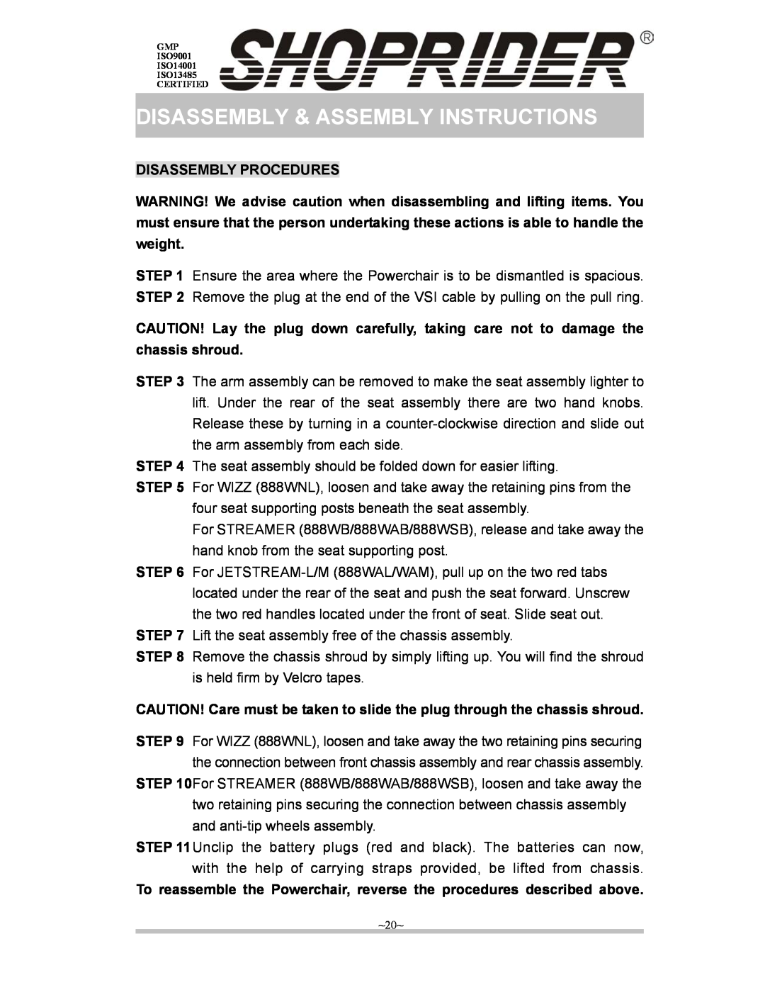 Shoprider Wizz 888WNL, Streamer 888WAB, Steamer 888WSB manual Disassembly & Assembly Instructions, Disassembly Procedures 