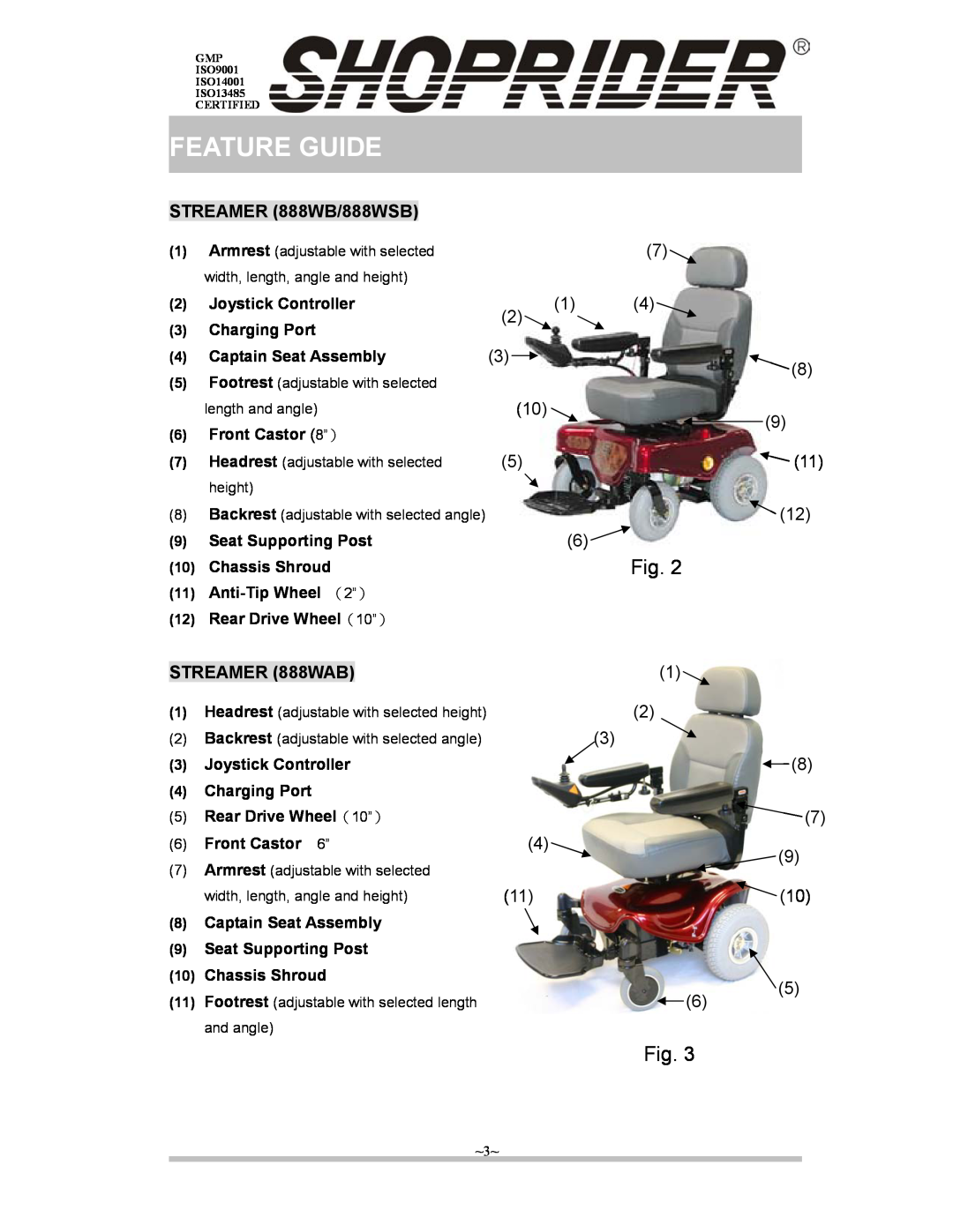 Shoprider Jetstream-L 888WAL, Streamer 888WAB, Steamer 888WSB manual Feature Guide, STREAMER 888WB/888WSB, STREAMER 888WAB 