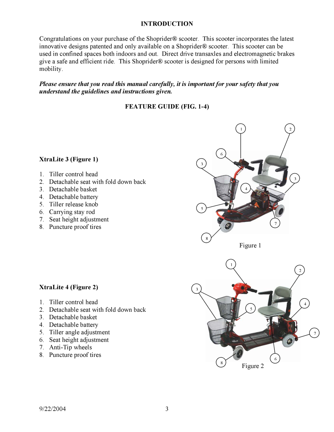 Shoprider XtraLite 3 TE-787NA-UL3, Sunrunner 777-3/4 Introduction, Feature Guide FIG, XtraLite 3 Figure, XtraLite 4 Figure 