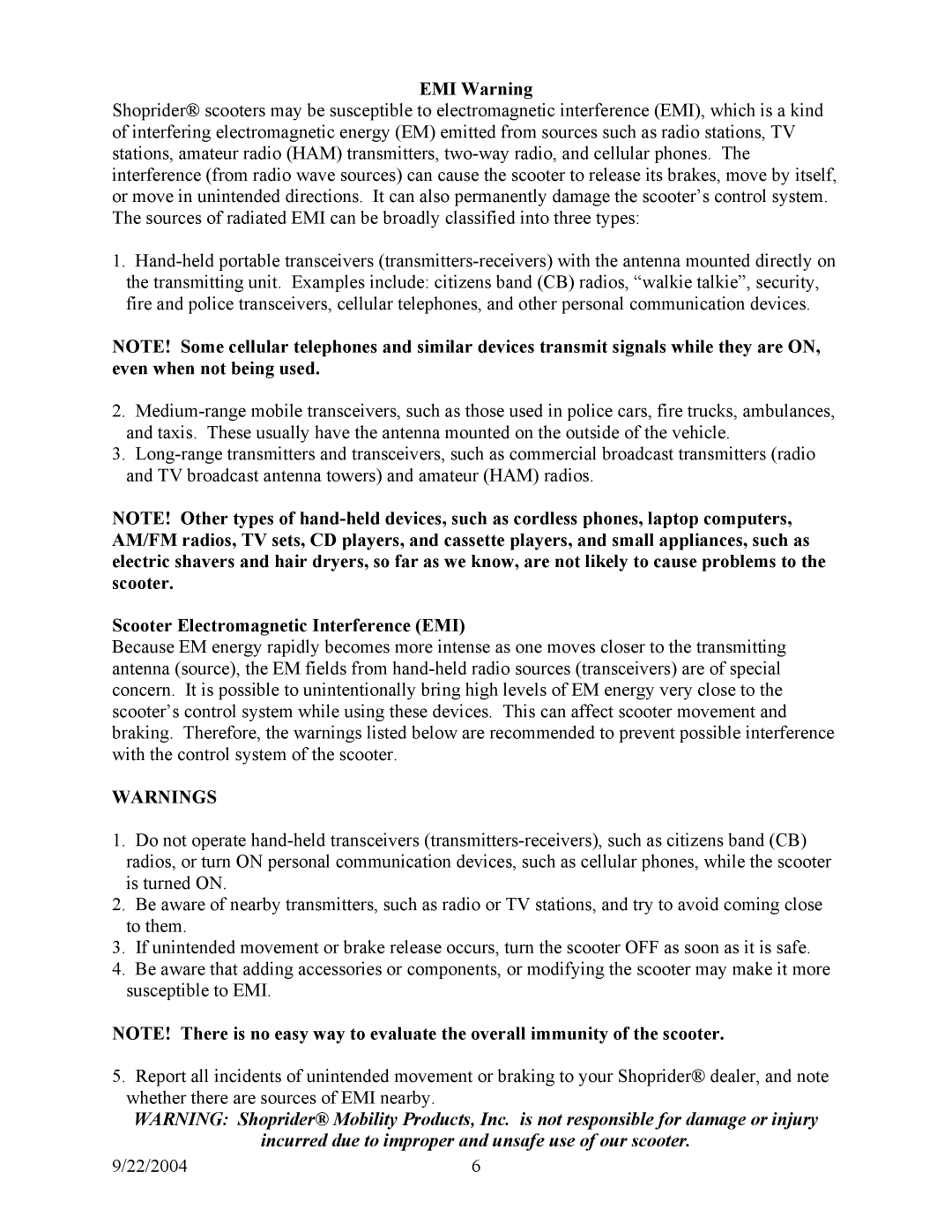 Shoprider XtraLite 4 TE-787NA-UL4, Sunrunner 777-3/4 manual EMI Warning, Scooter Electromagnetic Interference EMI 