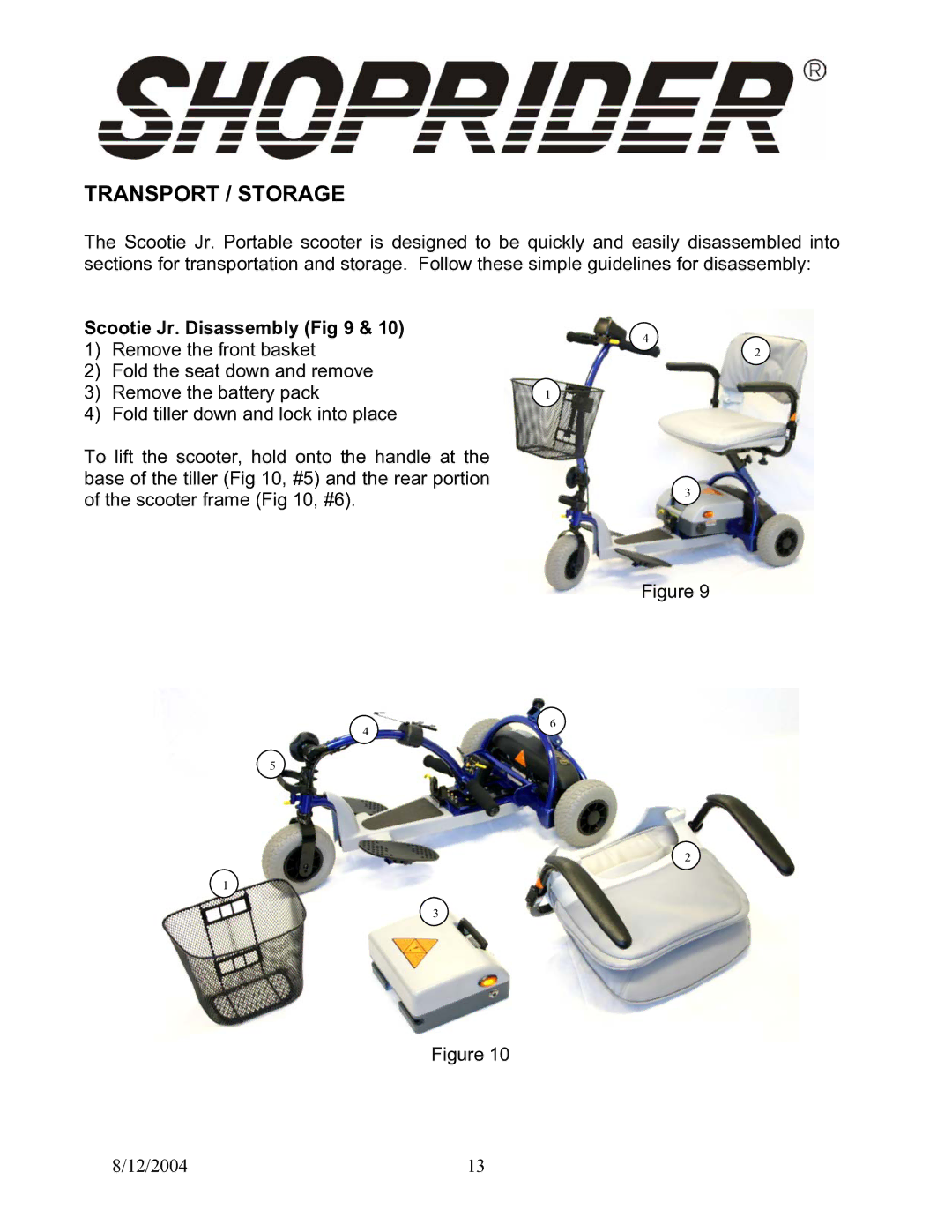 Shoprider TE-787M manual Transport / Storage, Scootie Jr. Disassembly 