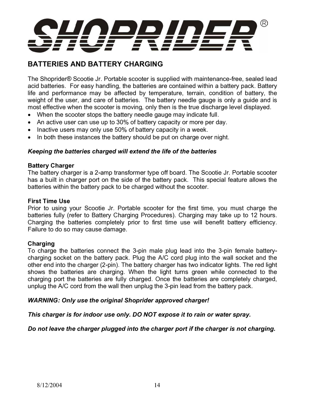 Shoprider TE-787M manual Batteries and Battery Charging, Battery Charger 