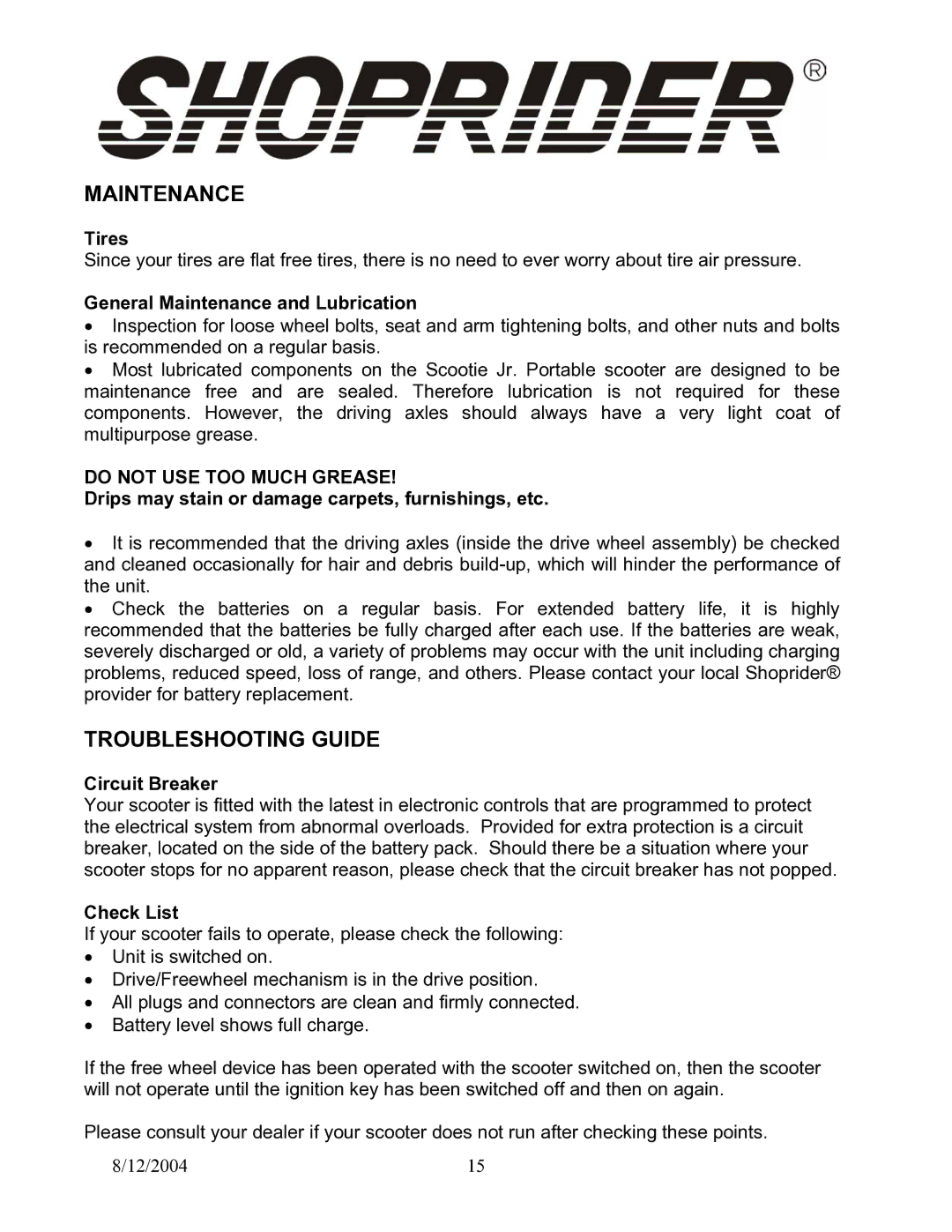 Shoprider TE-787M manual Maintenance, Troubleshooting Guide 