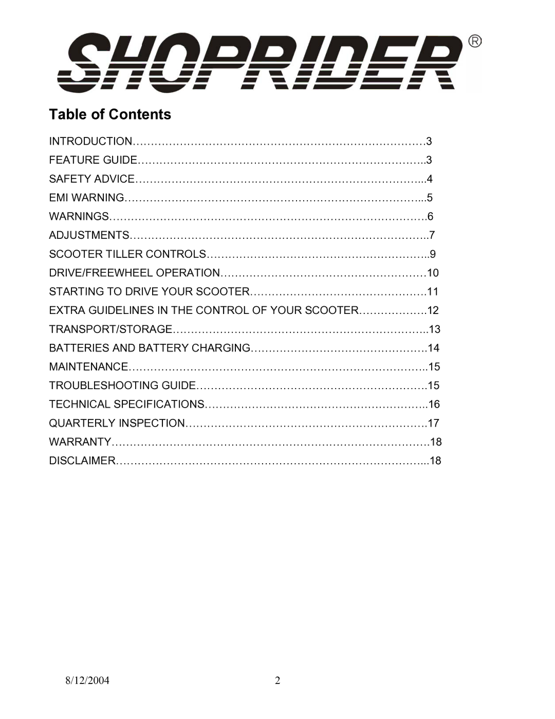 Shoprider TE-787M manual Table of Contents 