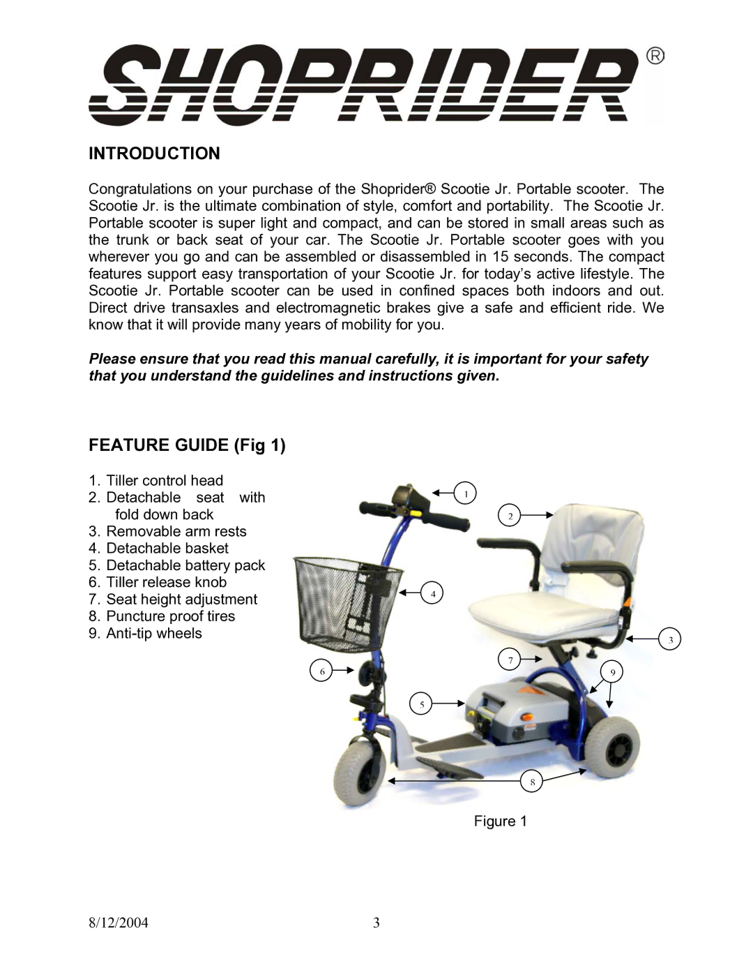 Shoprider TE-787M manual Introduction, Feature Guide Fig 