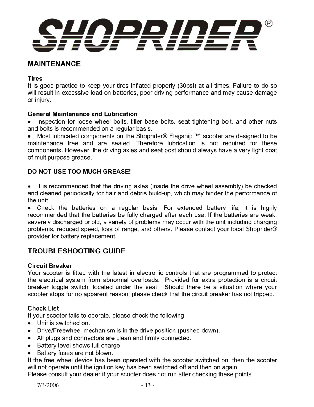 Shoprider TE-889XLSN manual Maintenance, Troubleshooting Guide 