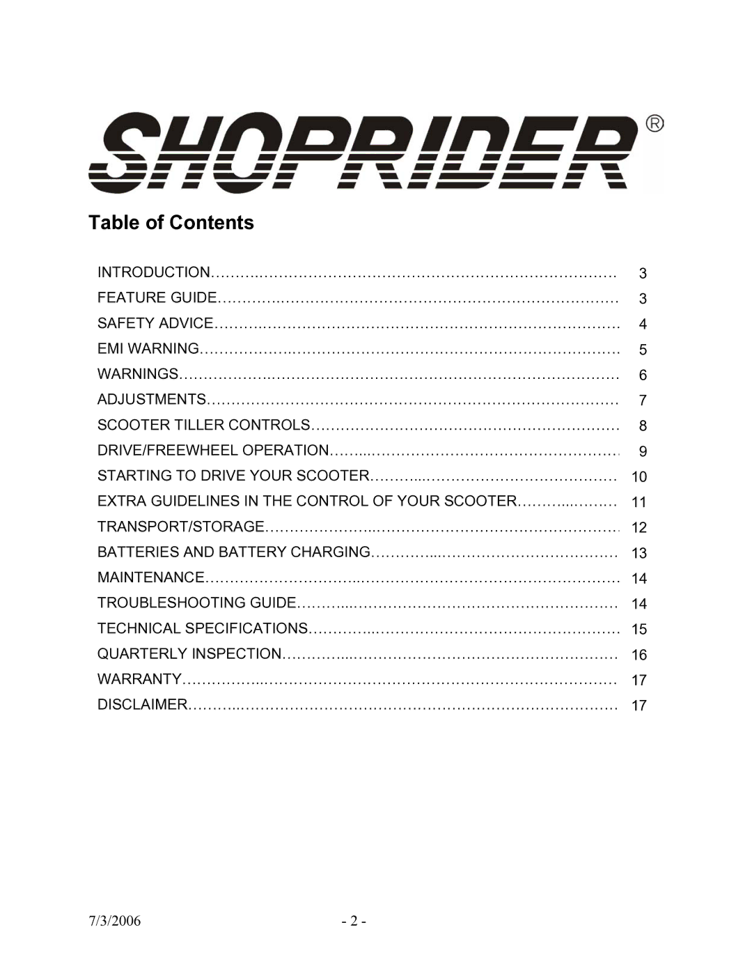 Shoprider TE-889XLSN manual Table of Contents 