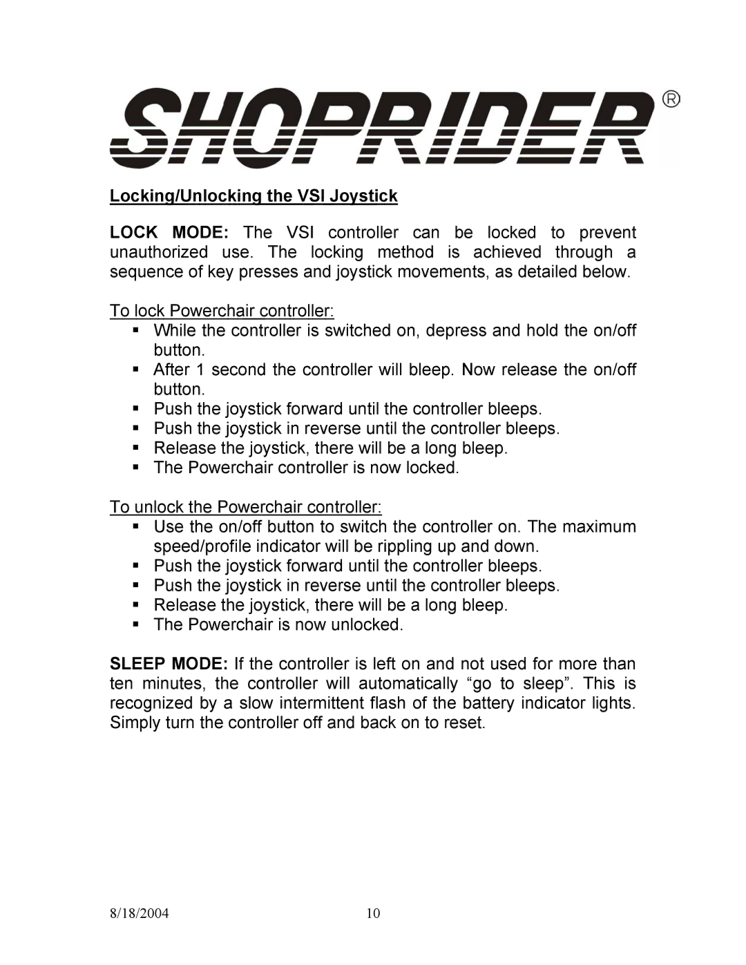 Shoprider UL7WR-12, UL7WR-10 manual Locking/Unlocking the VSI Joystick 