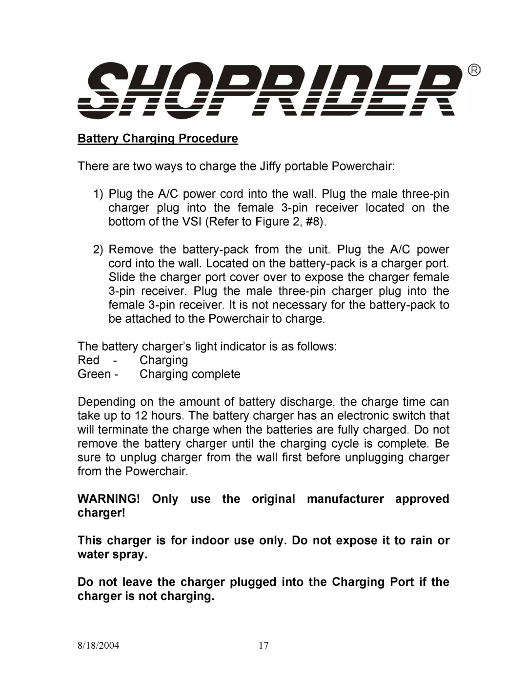 Shoprider UL7WR-10, UL7WR-12 manual Battery Charging Procedure 