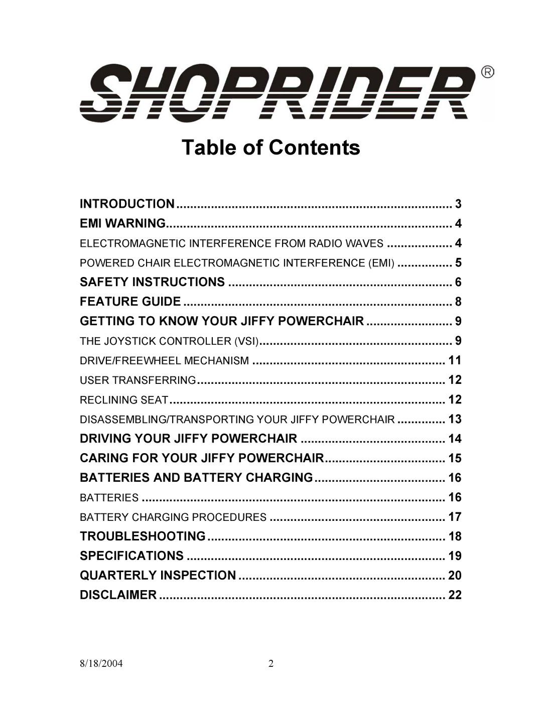 Shoprider UL7WR-12, UL7WR-10 manual Table of Contents 