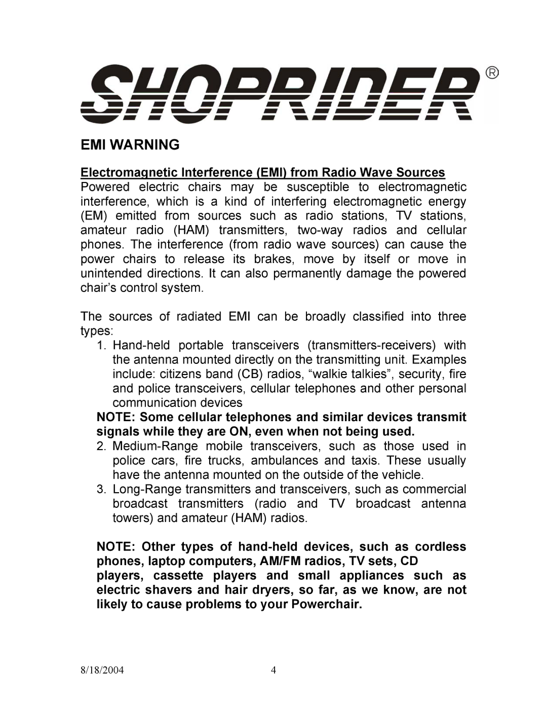 Shoprider UL7WR-12, UL7WR-10 manual EMI Warning 