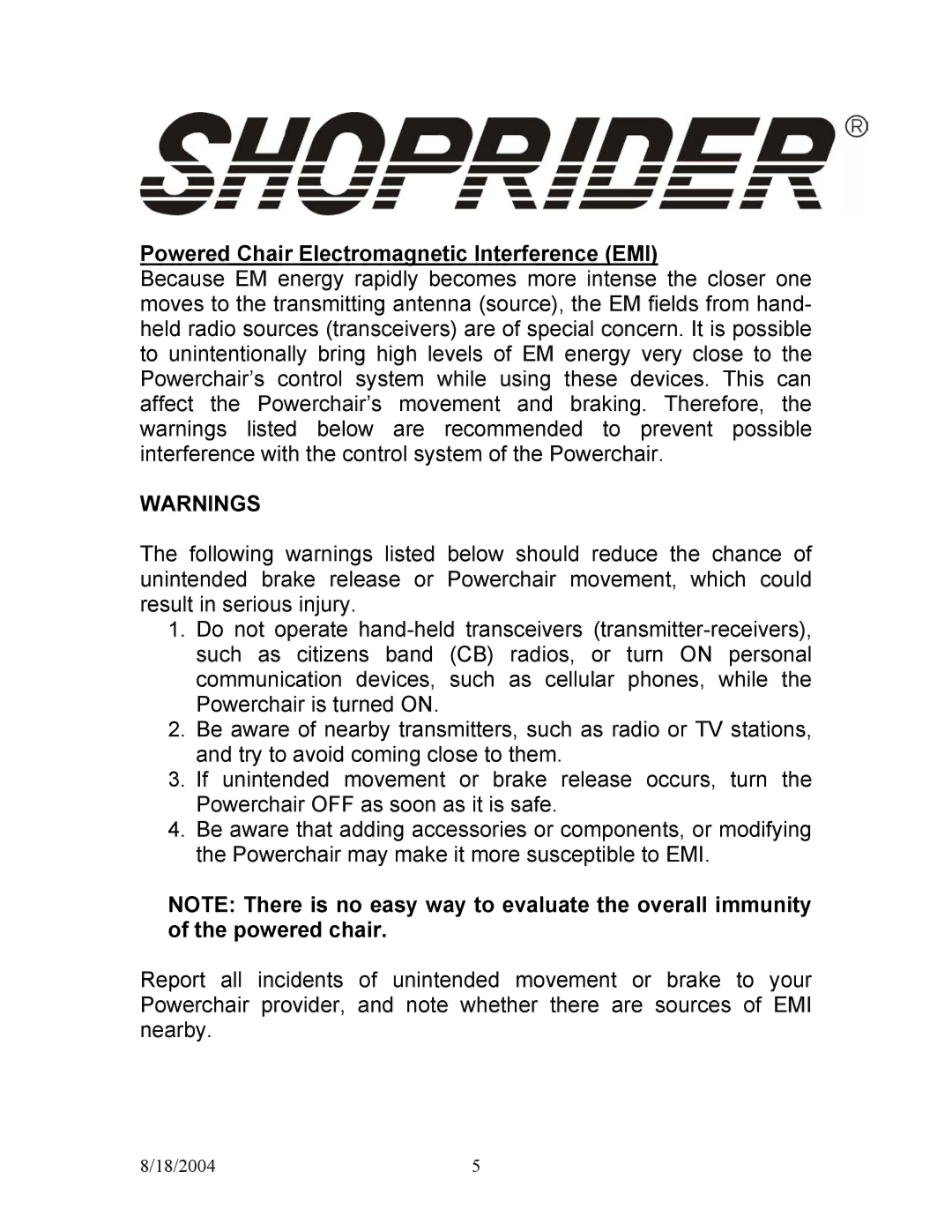 Shoprider UL7WR-10, UL7WR-12 manual Powered Chair Electromagnetic Interference EMI 