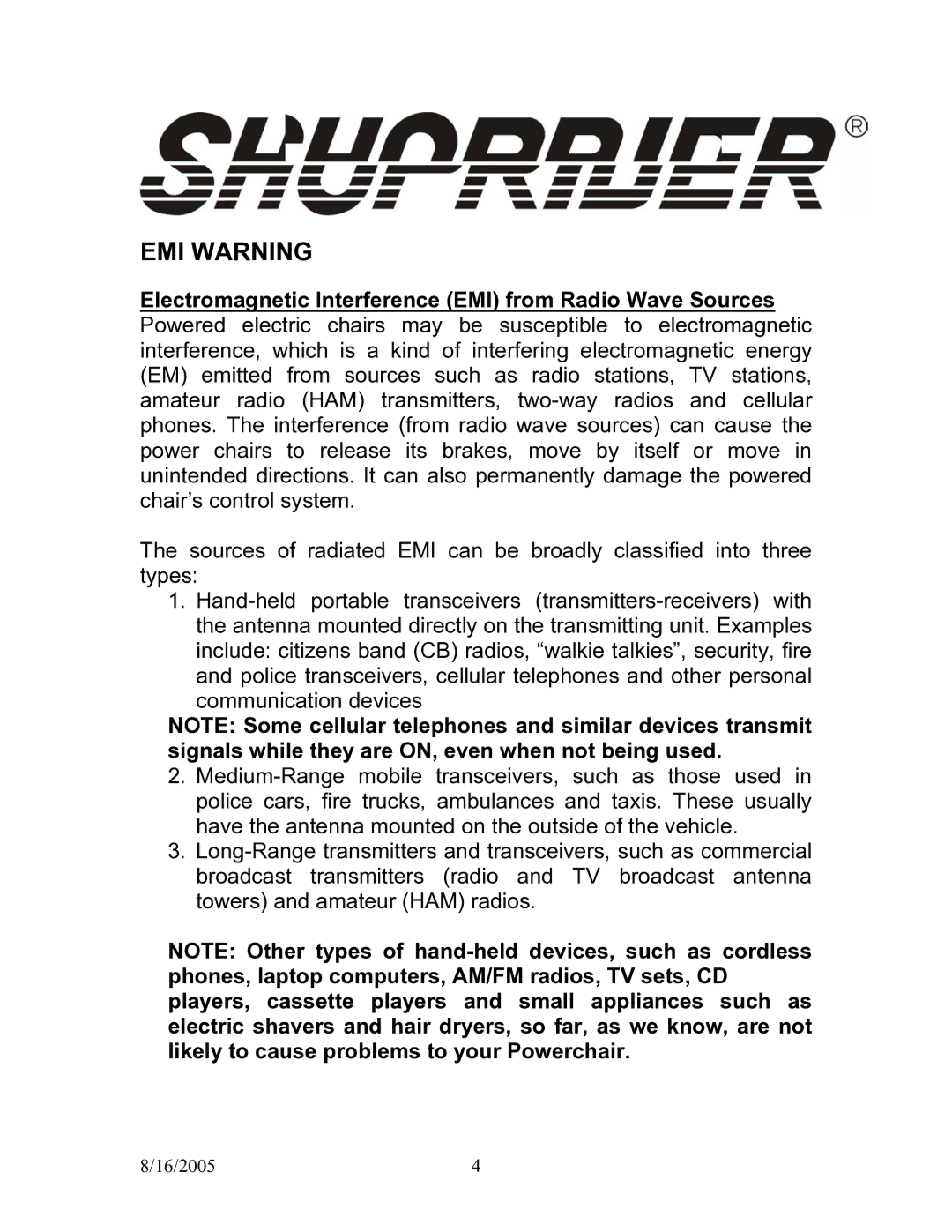 Shoprider UL7WR/ULWR11 manual EMI Warning 