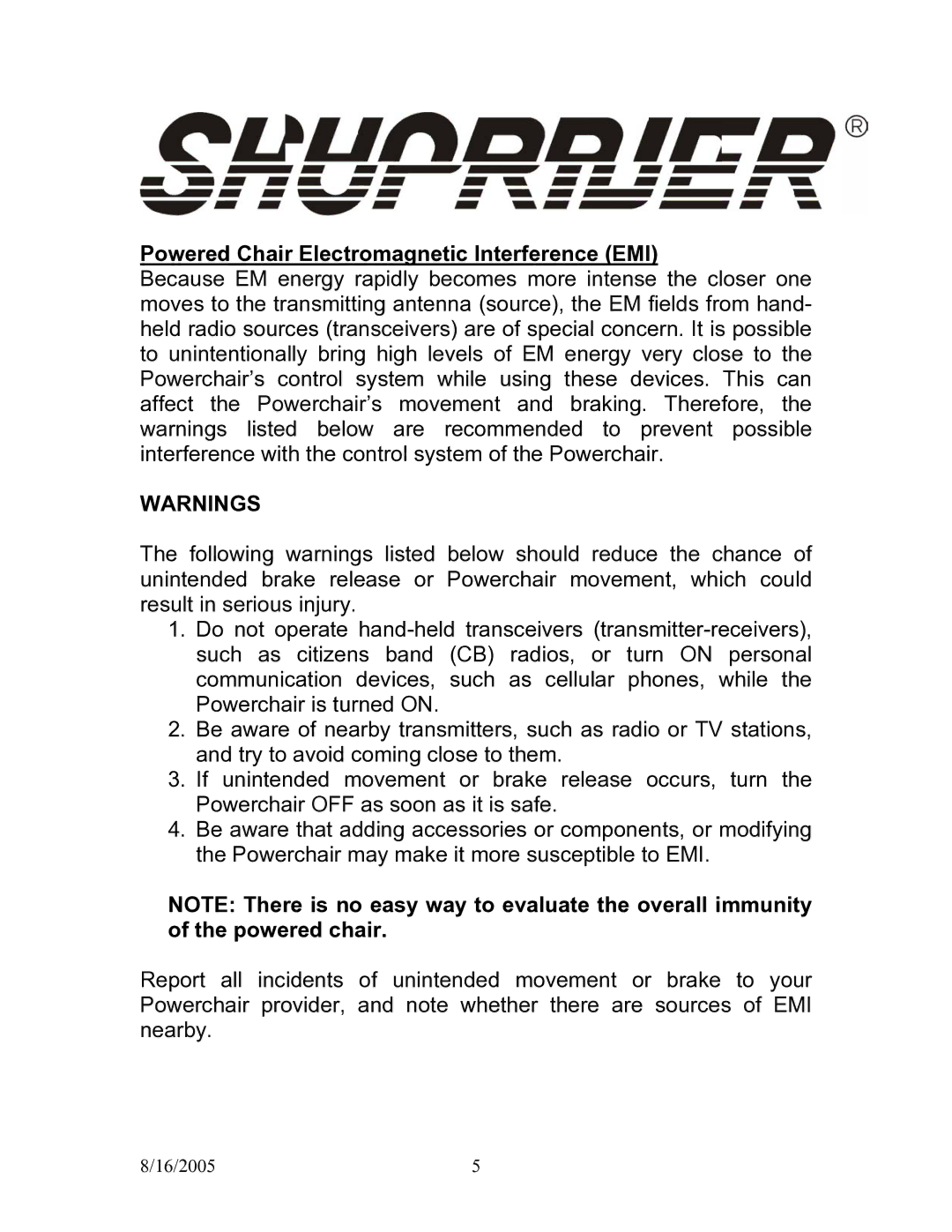 Shoprider UL7WR/ULWR11 manual Powered Chair Electromagnetic Interference EMI 