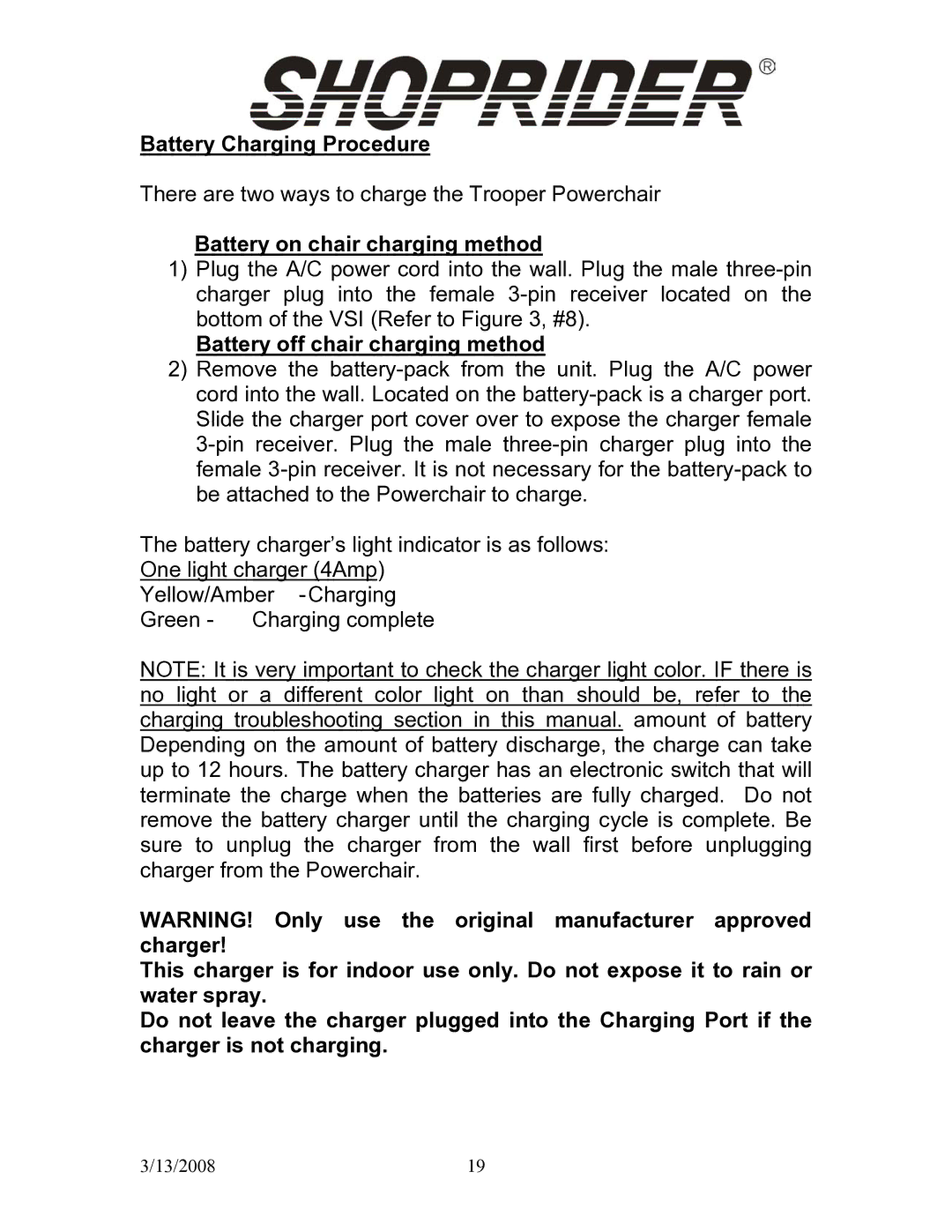 Shoprider UL8W36 manual Battery Charging Procedure, Battery on chair charging method, Battery off chair charging method 