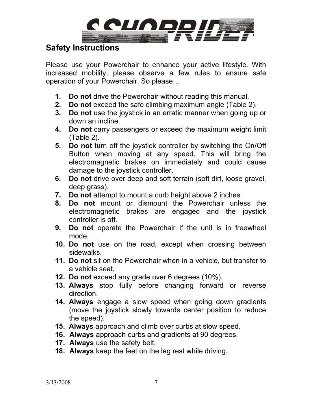 Shoprider UL8W36 manual Safety Instructions 