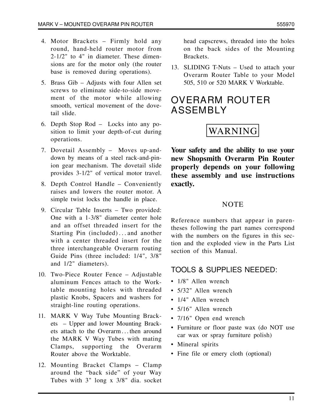 Shopsmith 555970 manual Overarm Router Assembly, Tools & Supplies Needed 
