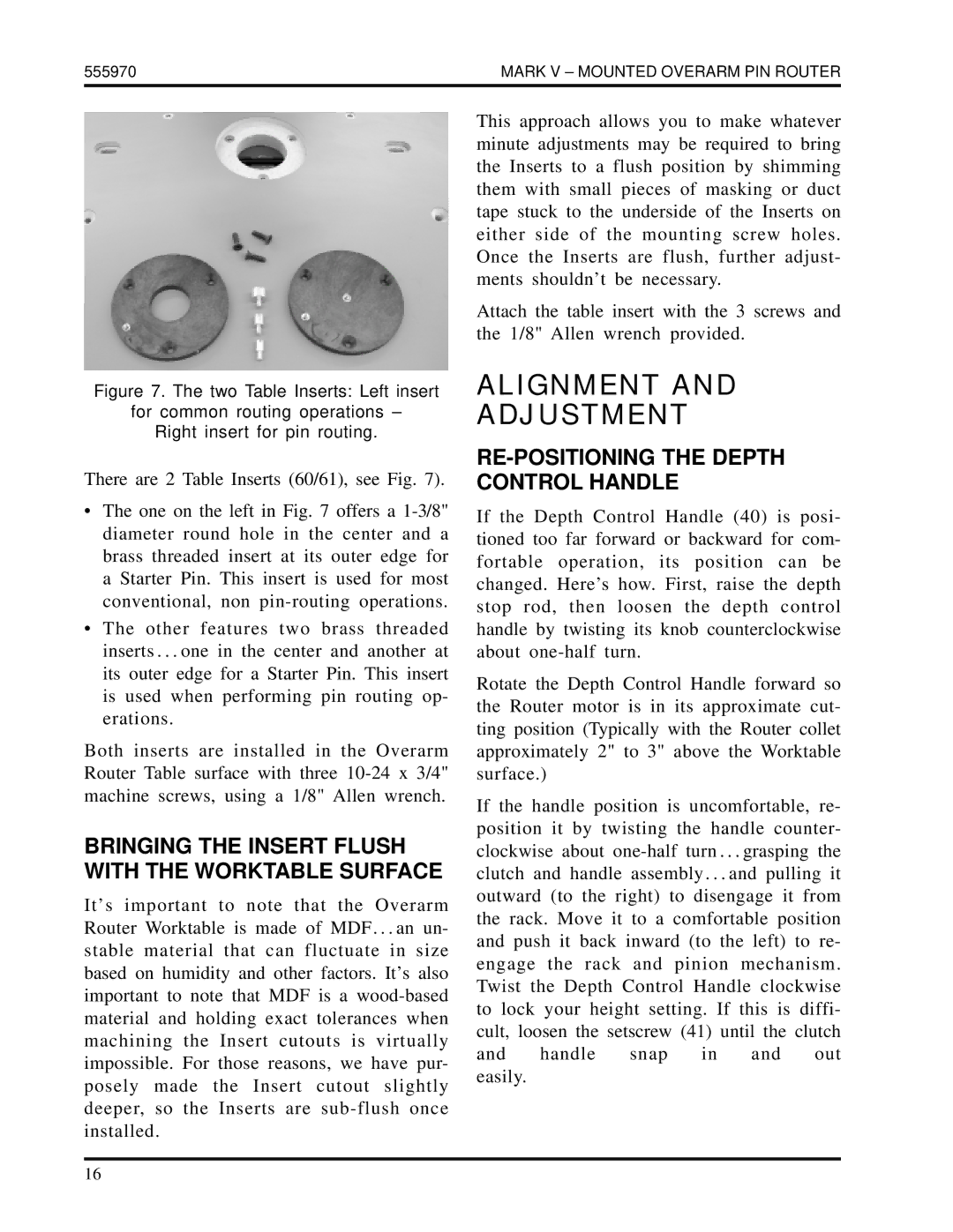 Shopsmith 555970 manual Alignment Adjustment, RE-POSITIONING the Depth Control Handle 