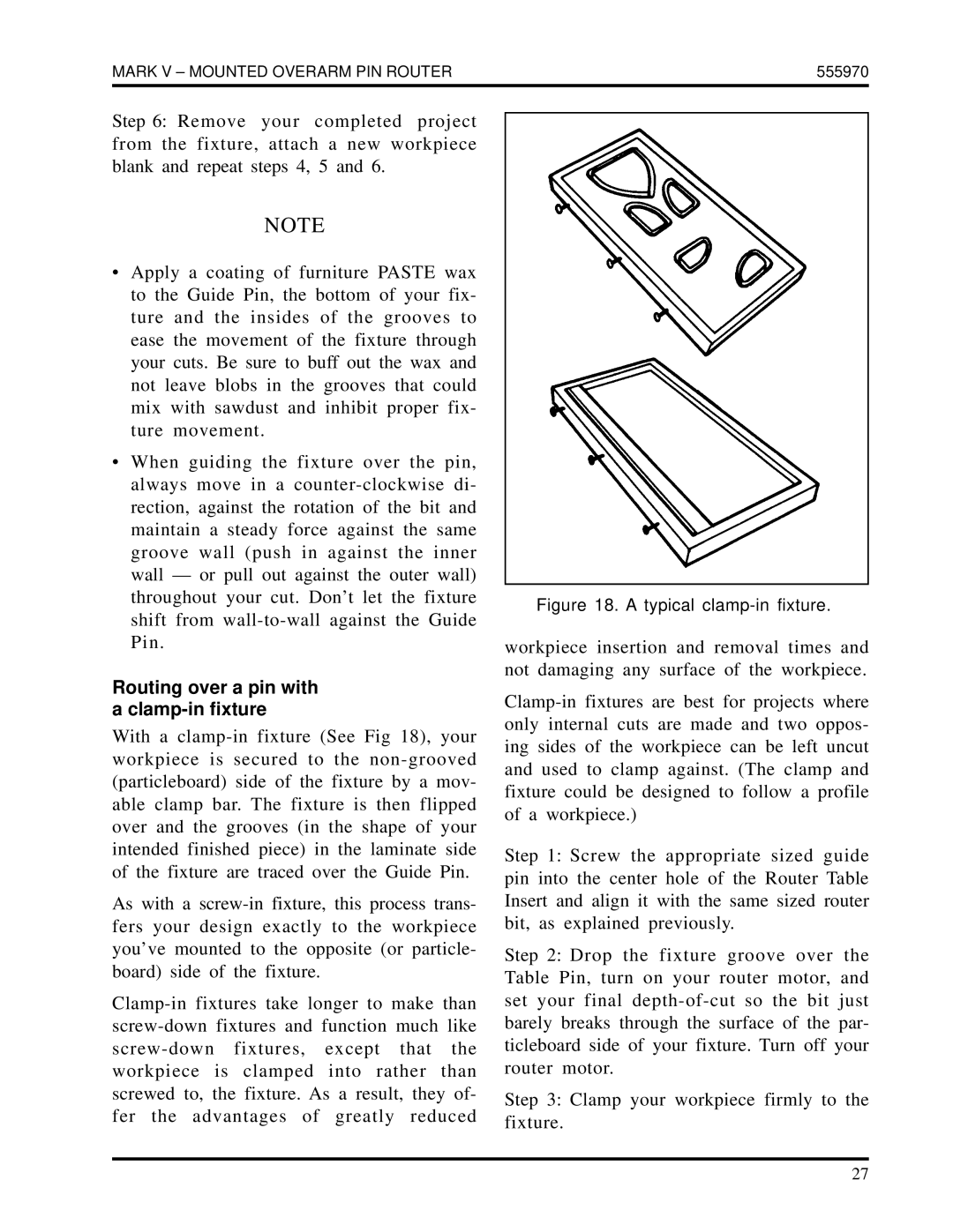 Shopsmith 555970 manual Routing over a pin with a clamp-in fixture, Typical clamp-in fixture 