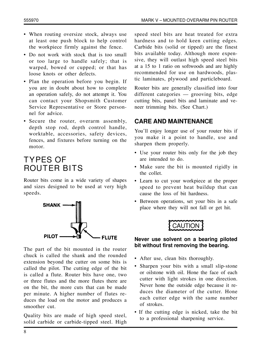 Shopsmith 555970 manual Types Router Bits, Care and Maintenance 