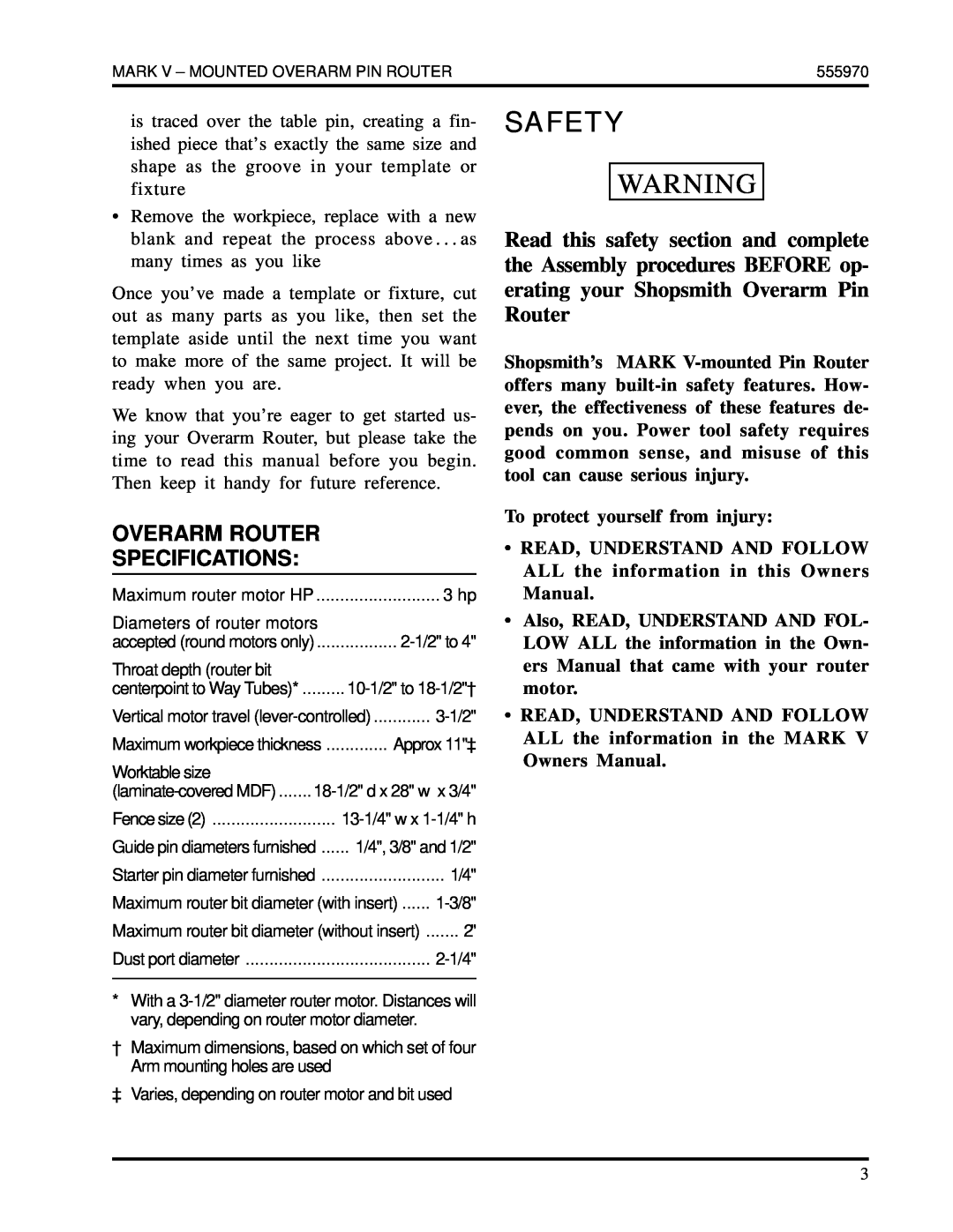 Shopsmith 555970 manual Safety, Overarm Router Specifications 