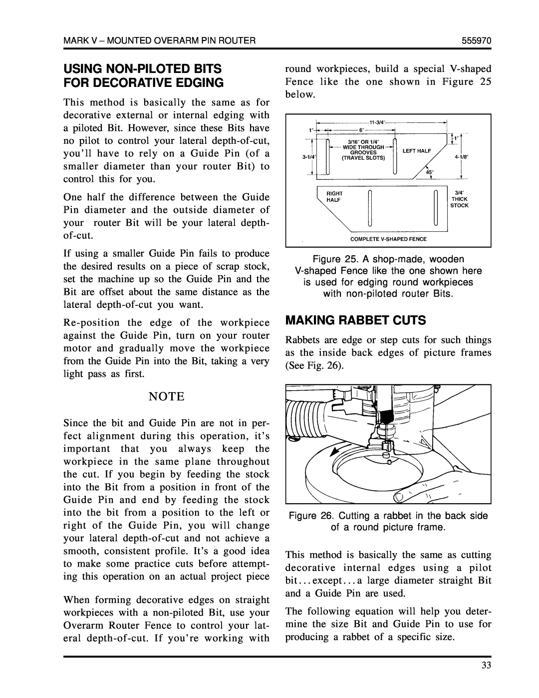 Shopsmith 555970 manual Making Rabbet Cuts, Using Non-Pilotedbits For Decorative Edging 
