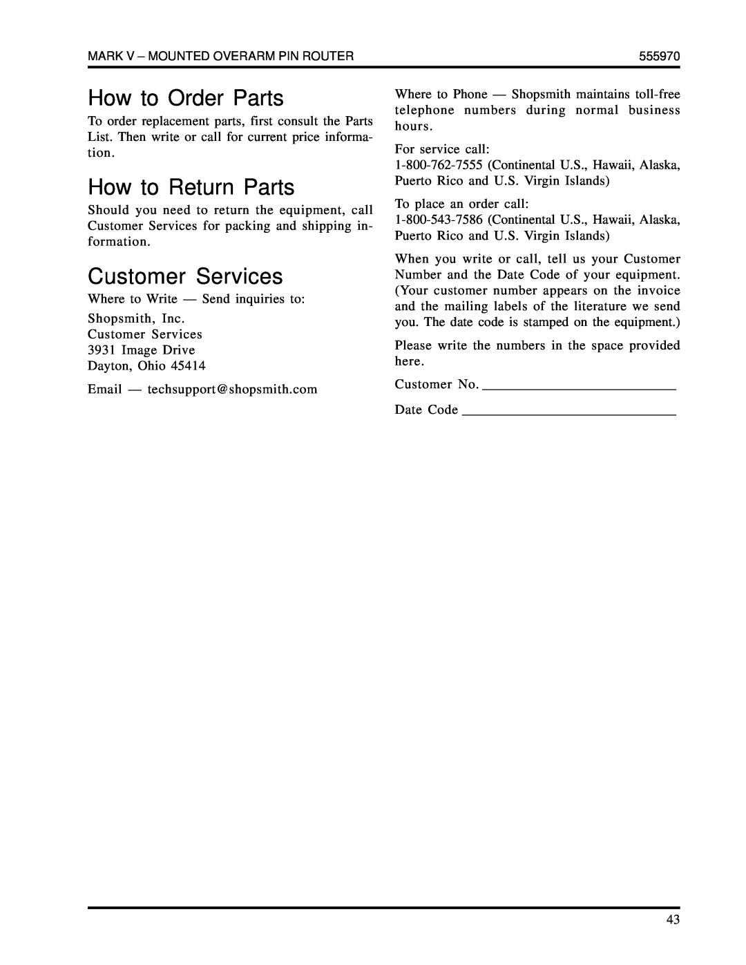 Shopsmith 555970 manual How to Order Parts, How to Return Parts, Customer Services 