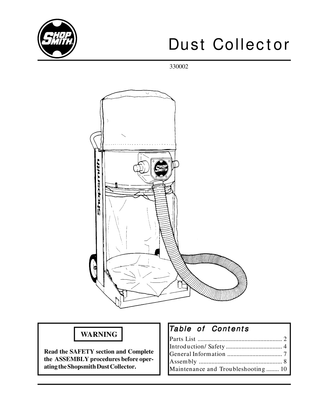 Shopsmith DustCollector manual Dust Collector, Table of Contents 