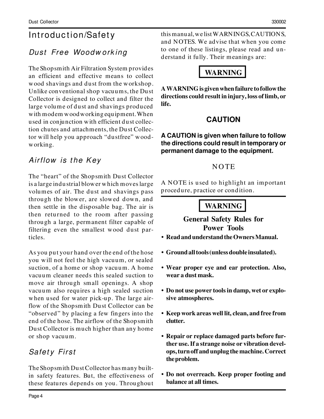 Shopsmith DustCollector manual Introduction/Safety, Dust Free Woodworking, Airflow is the Key, Safety First 