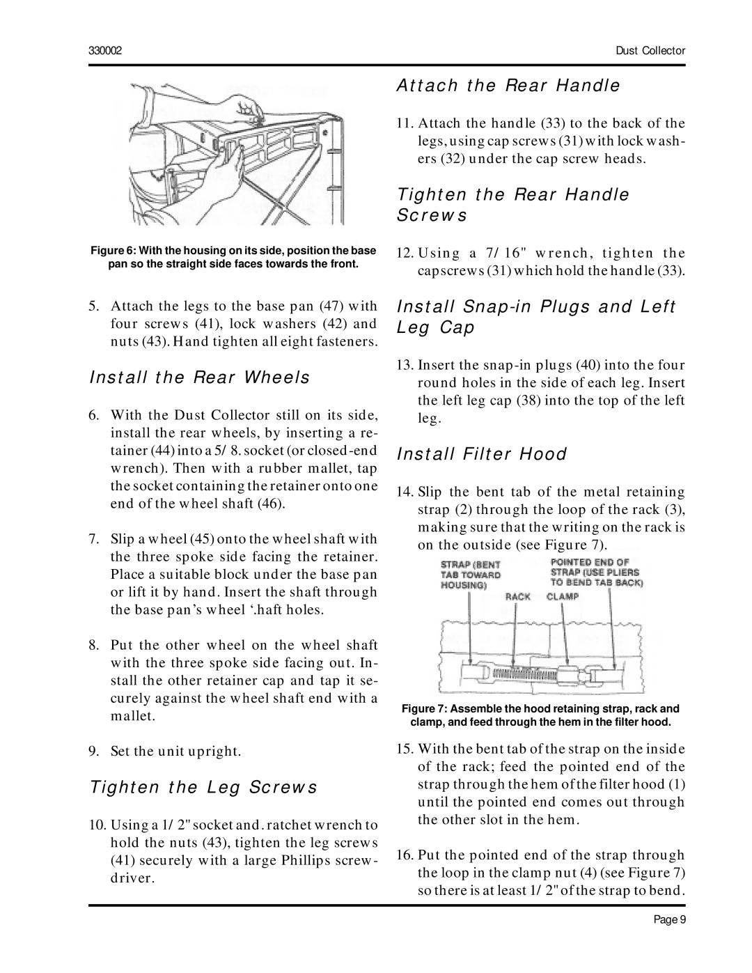 Shopsmith DustCollector manual Install the Rear Wheels, Tighten the Leg Screws, Attach the Rear Handle, Install Filter Hood 