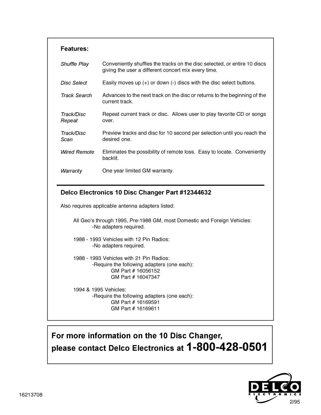 Shopsmith none installation manual Features, Delco Electronics 10 Disc Changer 