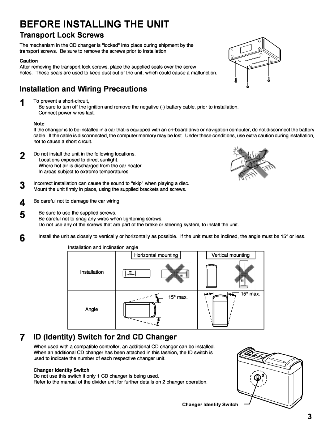 Shopsmith none Transport Lock Screws, Installation and Wiring Precautions, 7ID Identity Switch for 2nd CD Changer 