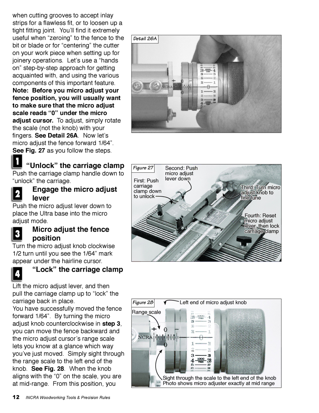 Shopsmith TS-III ULTRA owner manual Unlock the carriage clamp, Micro adjust the fence position, Lock the carriage clamp 